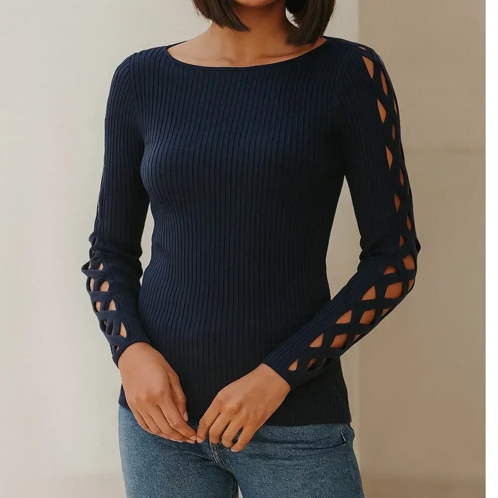 Ramy Brook Kimila Navy Rib Knit Cutout Sleeve Sweater Top Boat Neck Womens XS